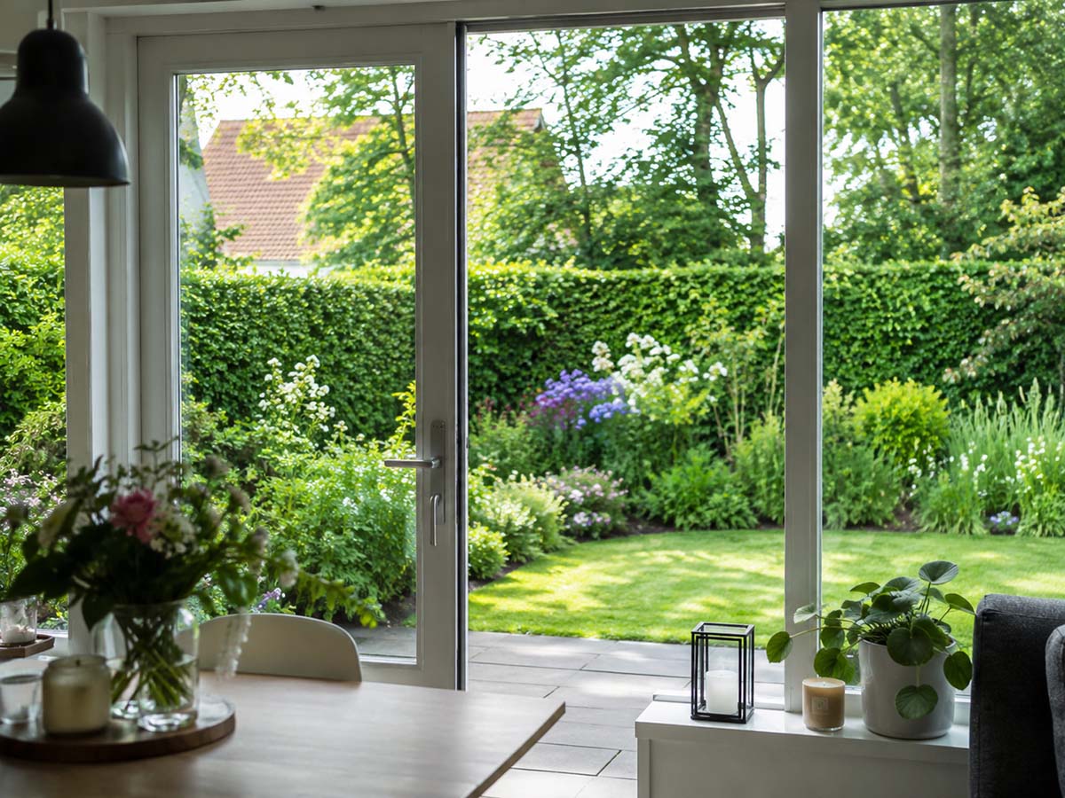 Utsikt från huset över en grön trädgård med häck och plantering